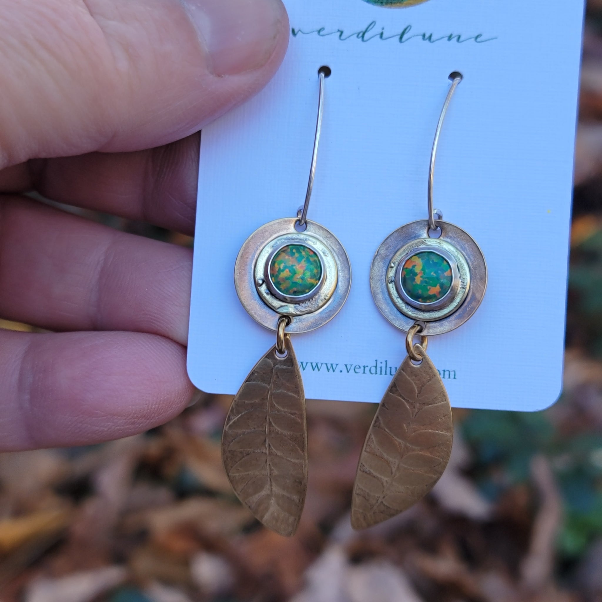 Brass & Opal Gemstone Dangle Earrings