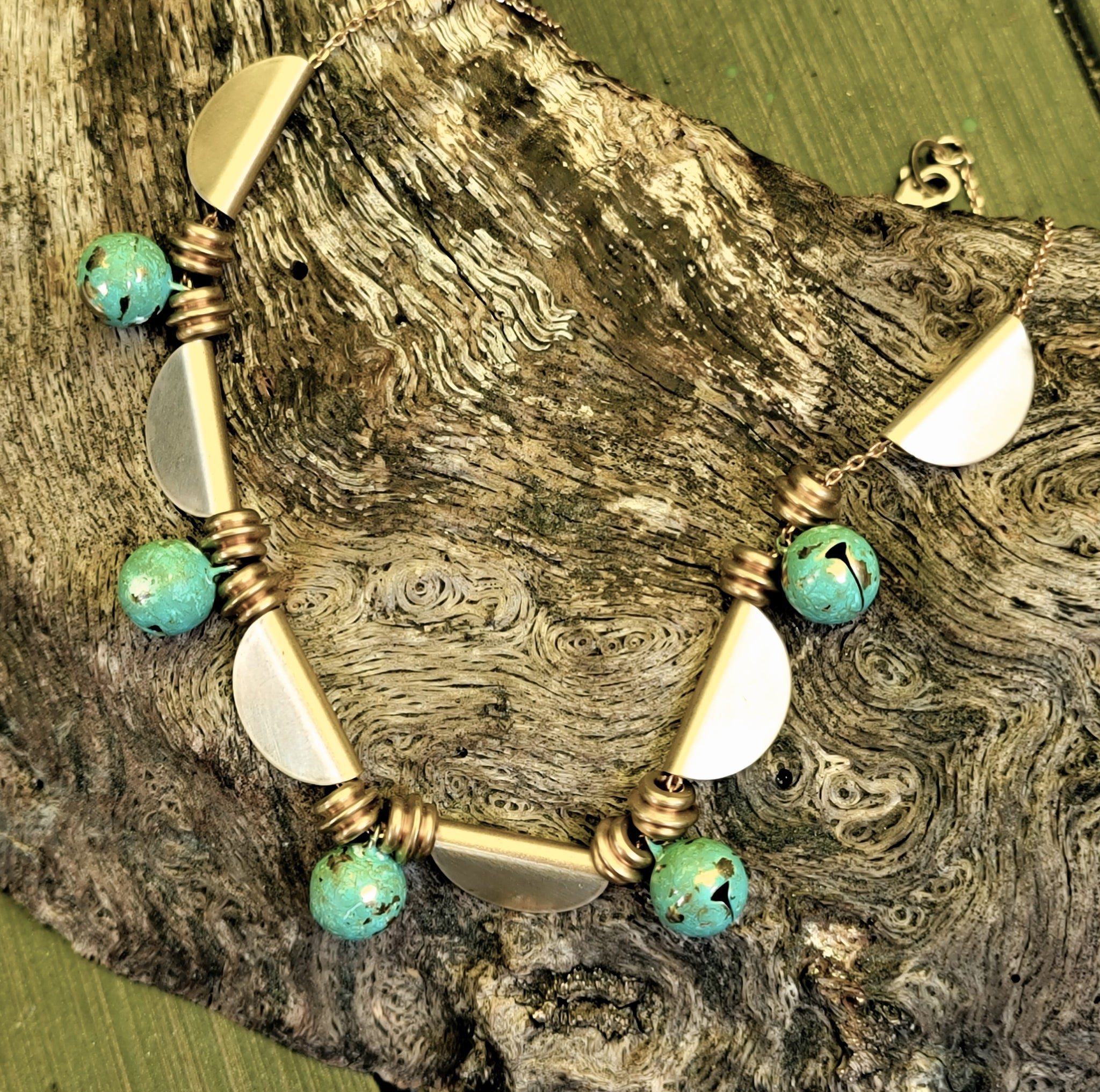 Brass Shield & Verdigris Bell Necklace