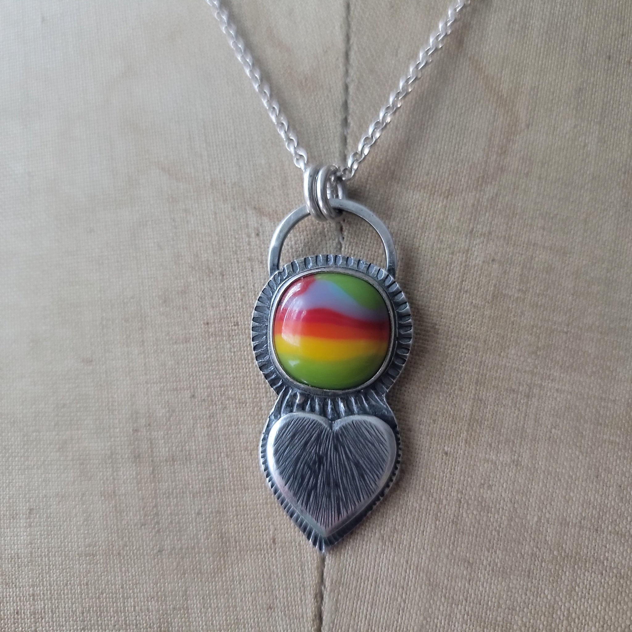 Rainbow Glass Heart Pendant in Sterling Silver