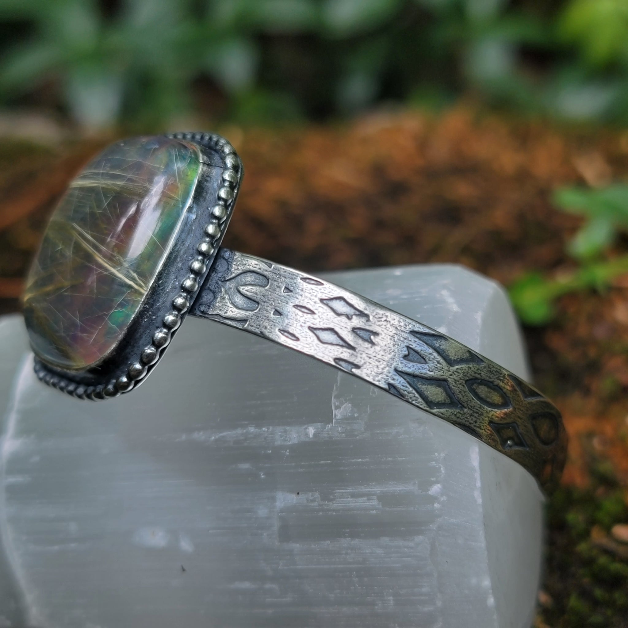 Opal & Rutilated Quartz Doublet Cuff Bracelet in Sterling Silver