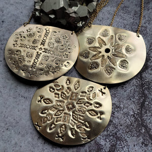 Mandala Stamped Brass Disc Necklace