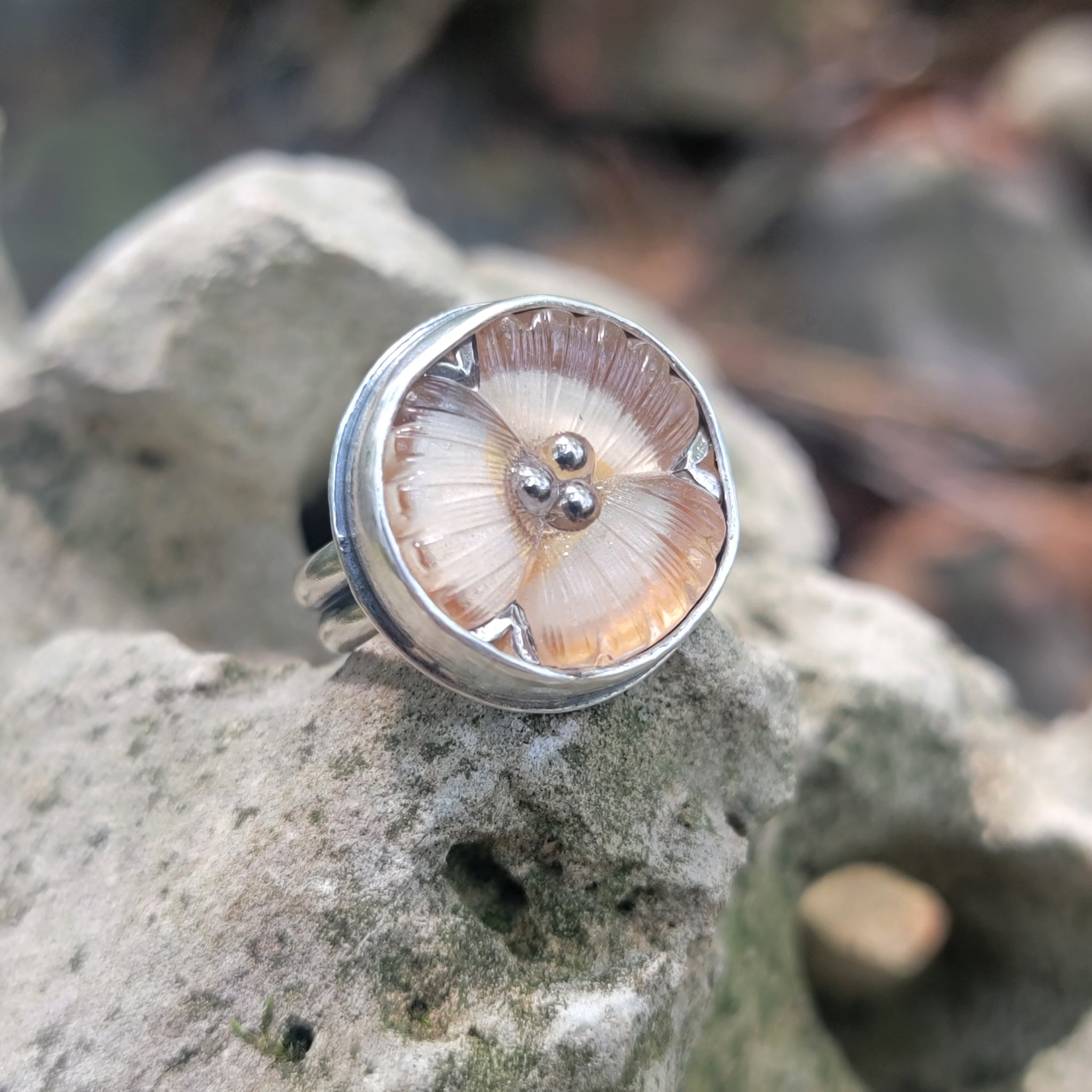 Peach Blossom Czech Glass Ring in Sterling Silver