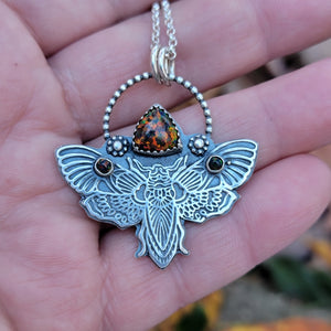 Mystical Moth Pendant with Black Opal in Sterling Silver