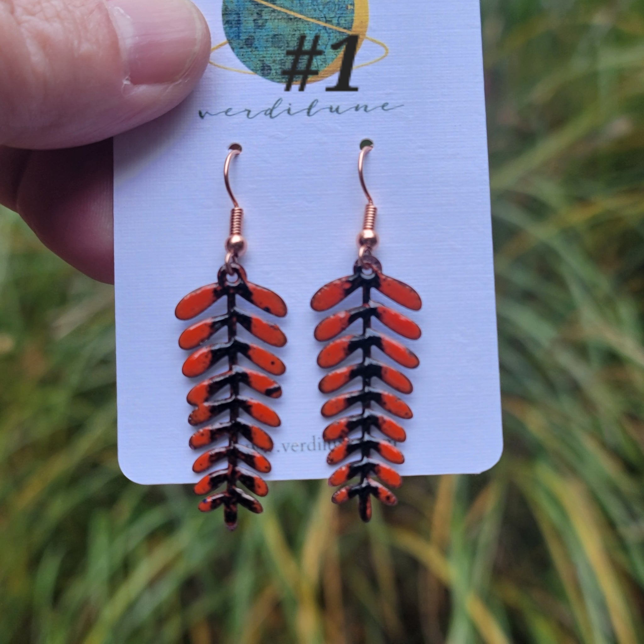 Enameled Fall Copper Fern Earrings