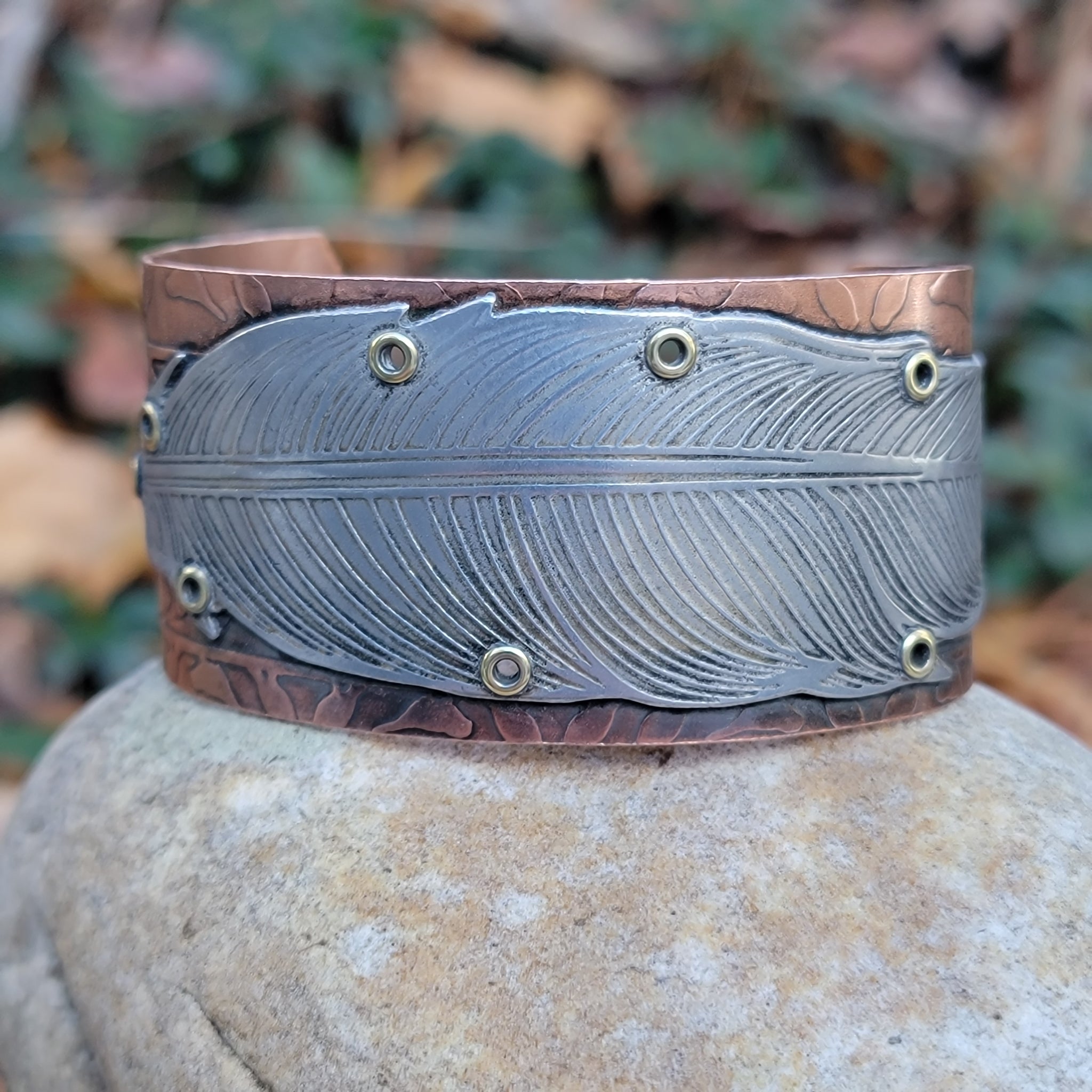 Riveted Feather Cuffs in Copper & Aluminum