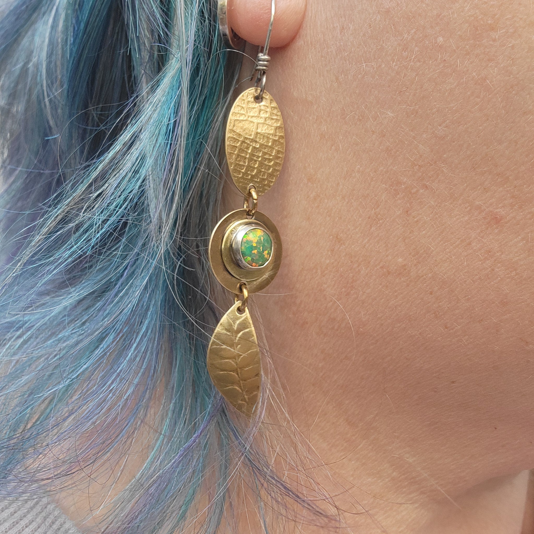 Brass & Opal Gemstone Dangle Earrings