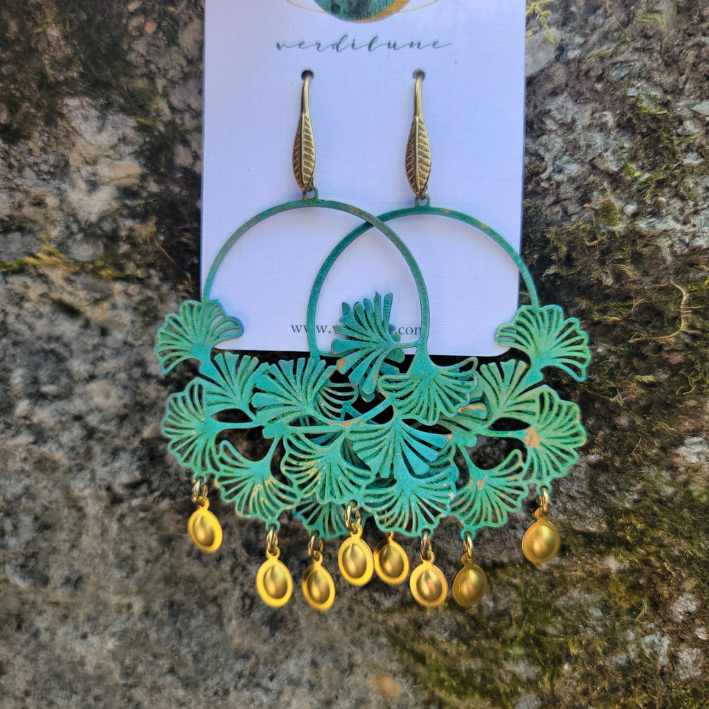 Sultry Summer Statement Verdigris Patina Ginkgo Earrings