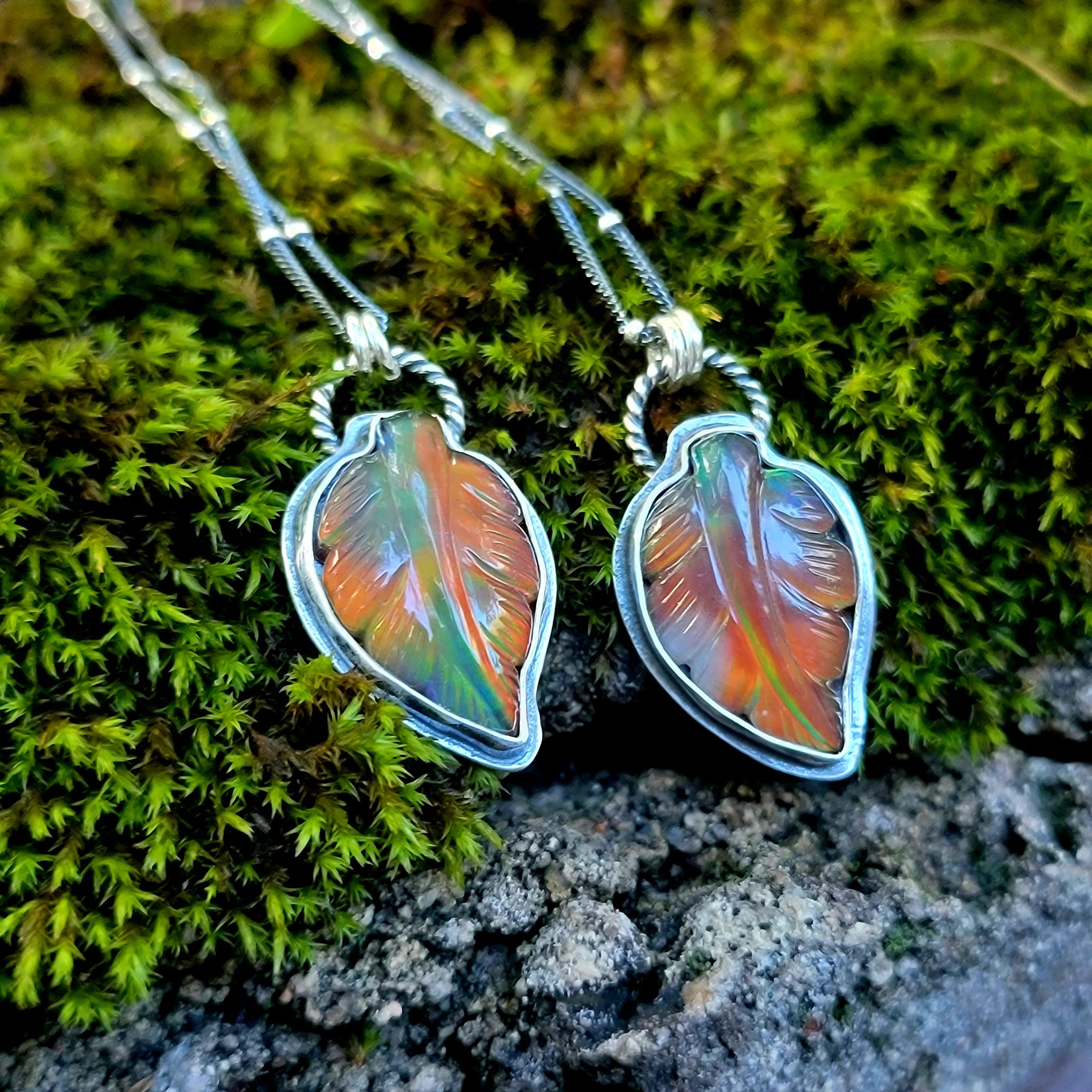 Carved Opal Autumn Leaf Pendants in Sterling Silver