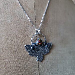 Mystical Moth Pendant with Black Opal in Sterling Silver