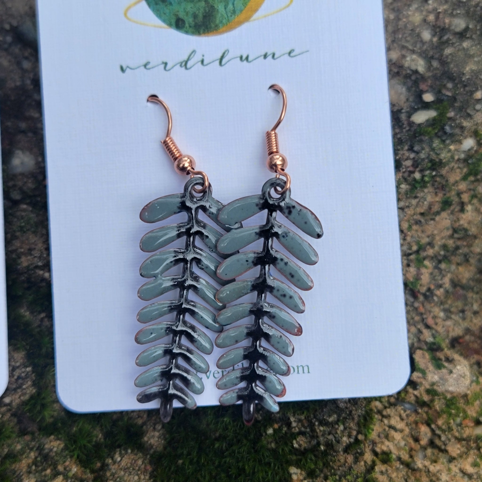 Enameled Fall Copper Fern Earrings