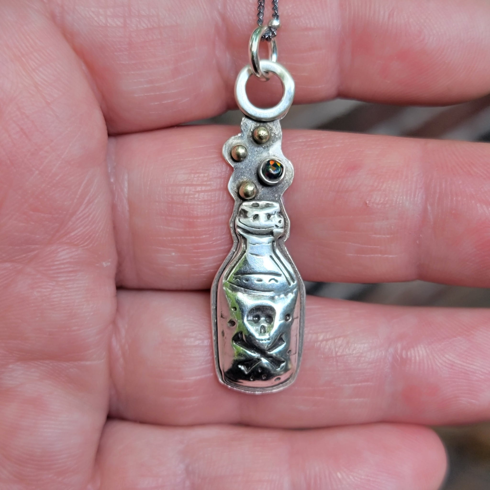 Poison Potion Bottle Pendant in Sterling Silver with Black Opal