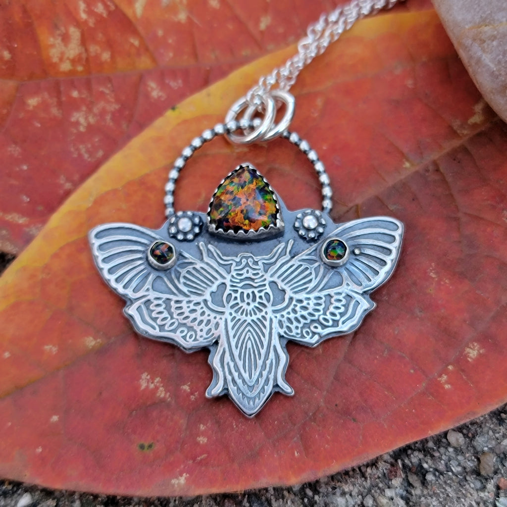 Mystical Moth Pendant with Black Opal in Sterling Silver