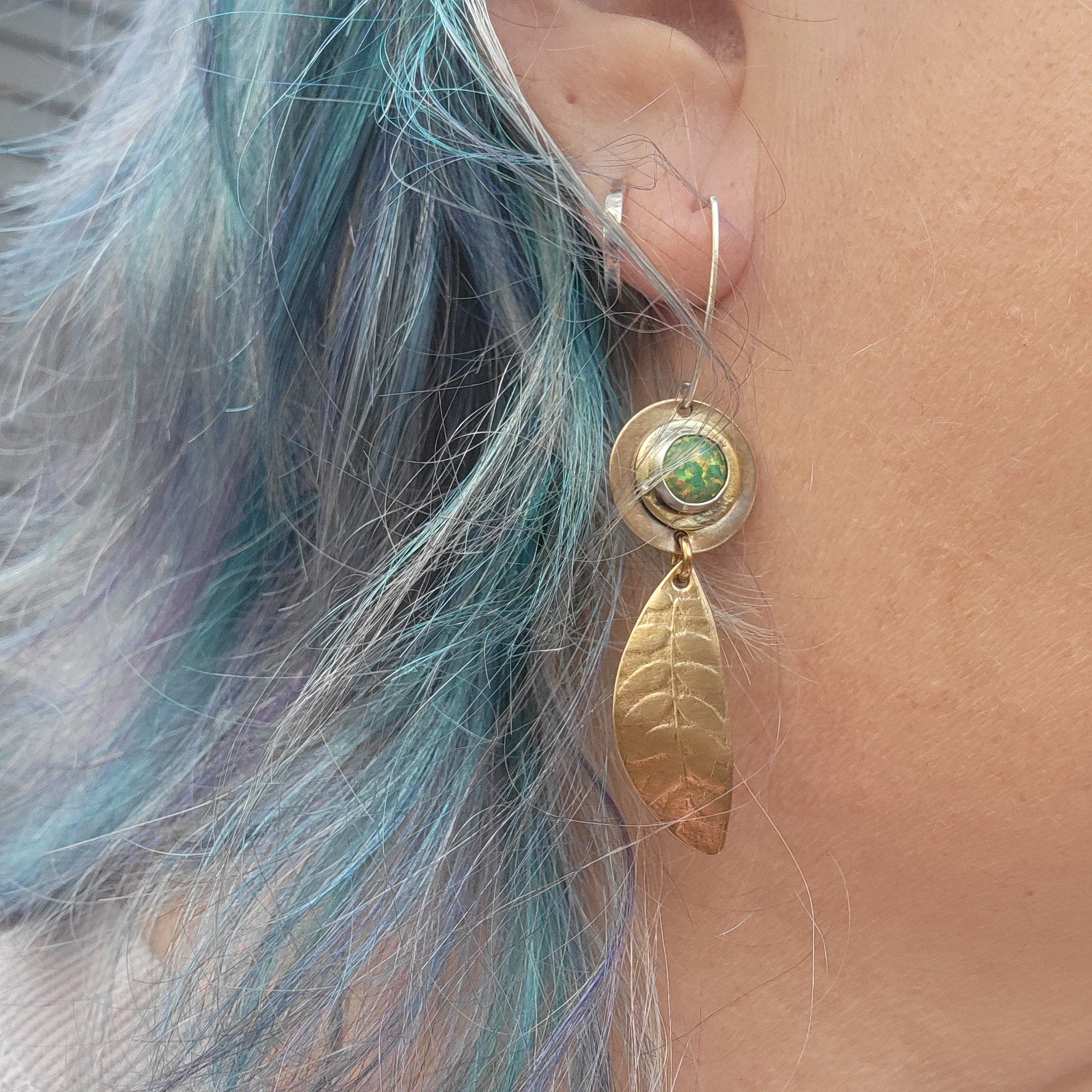 Brass & Opal Gemstone Dangle Earrings