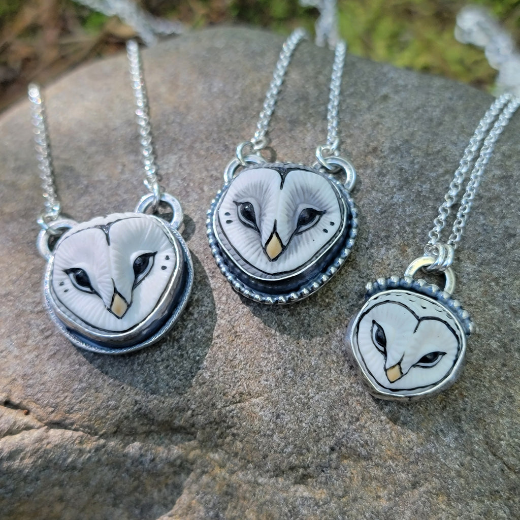 Barn Owl Pendants in Sterling Silver
