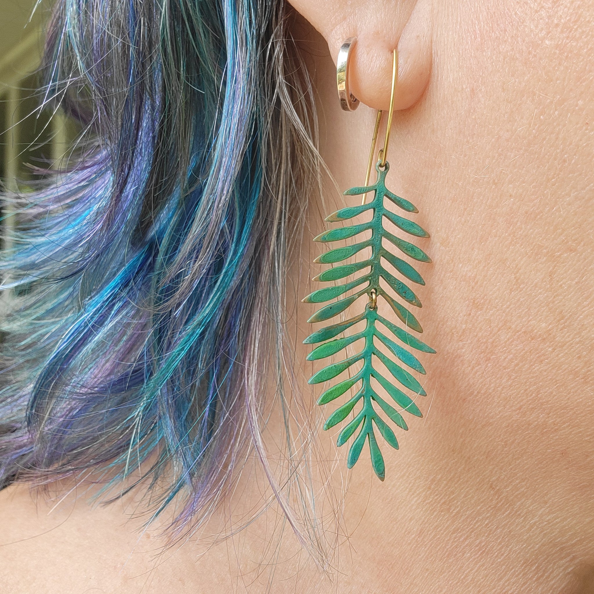 Sultry Summer Fern Dangle Earrings with Verdigris Patina