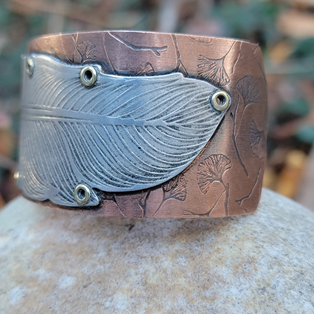 Riveted Feather Cuffs in Copper & Aluminum