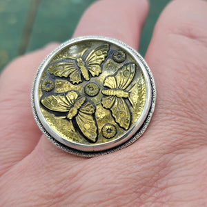 Butterfly Statement Ring - Czech Glass Button in Sterling Silver Size 10