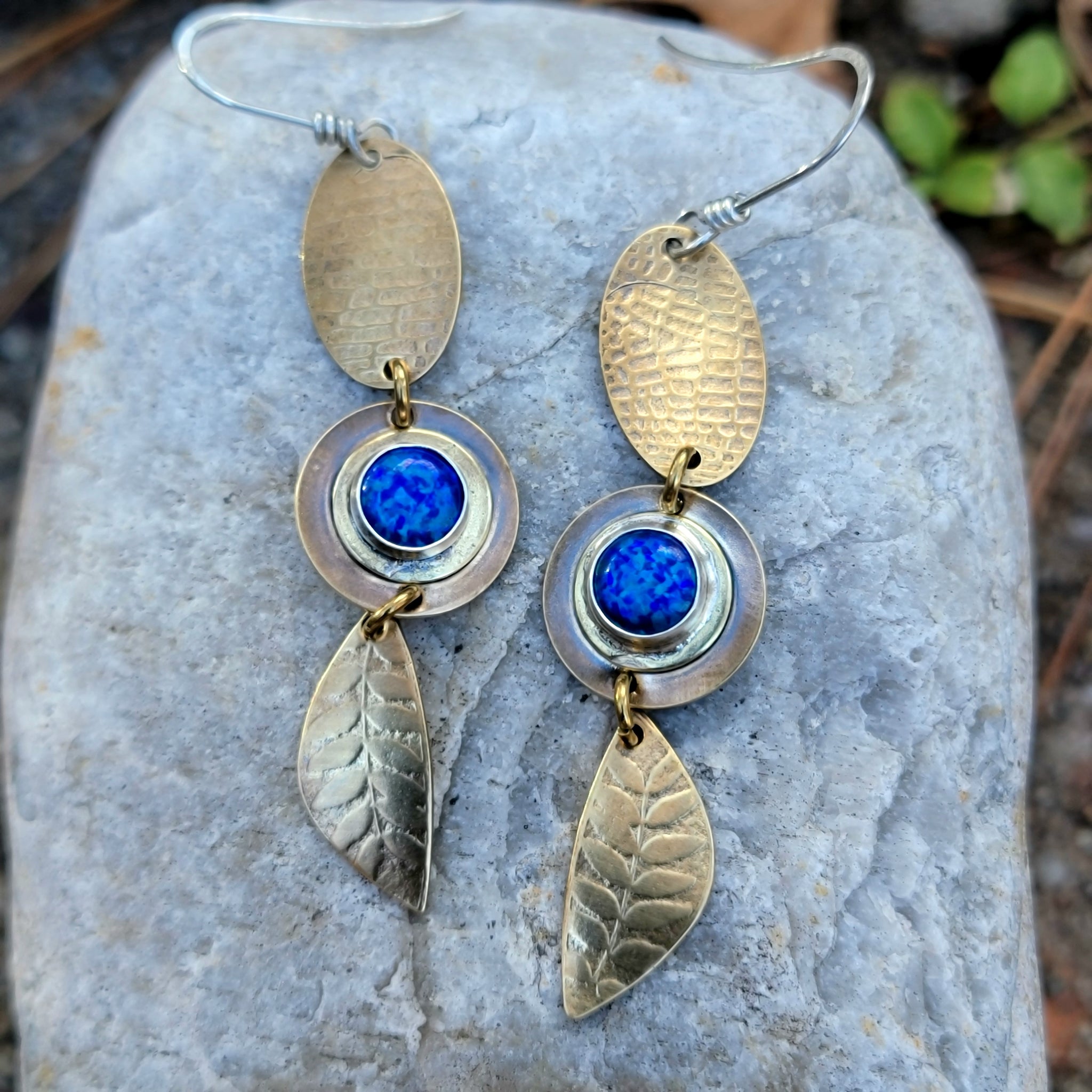 Brass & Opal Gemstone Dangle Earrings