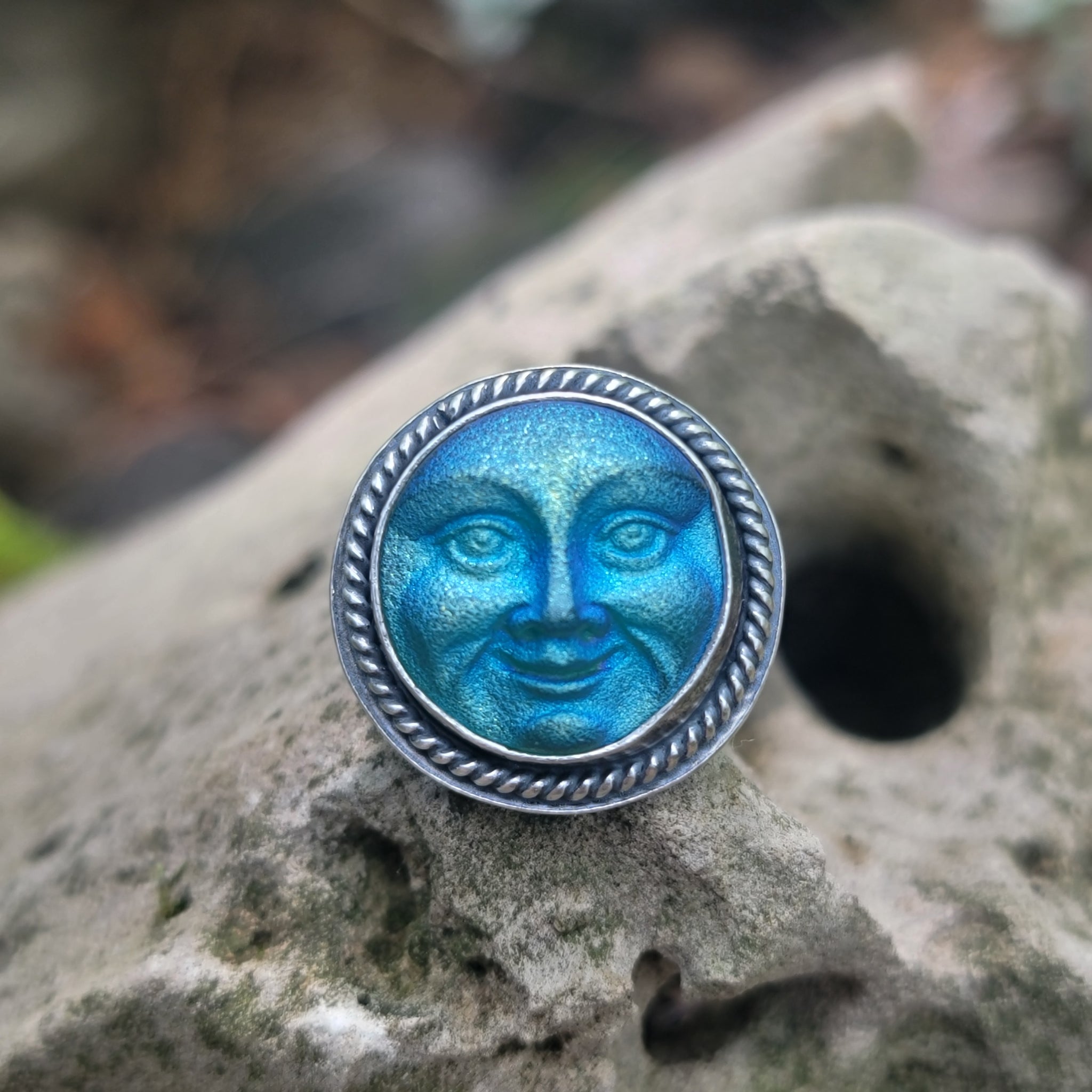 Czech Glass Moon Face Rings in Sterling Silver Silver