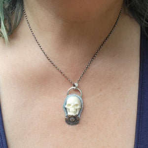Pushing Up Daisies Carved Skull Pendant in Sterling Silver
