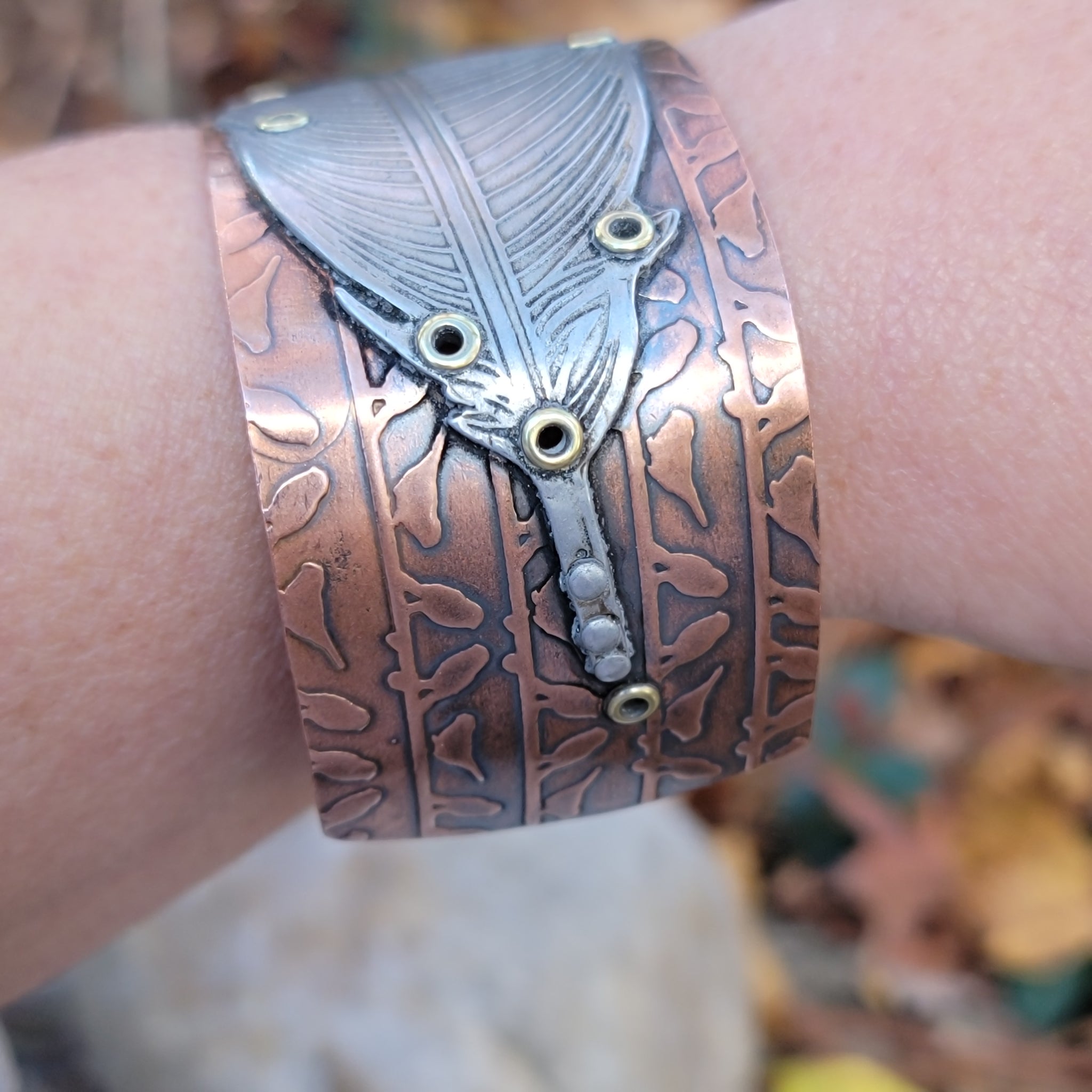 Riveted Feather Cuffs in Copper & Aluminum
