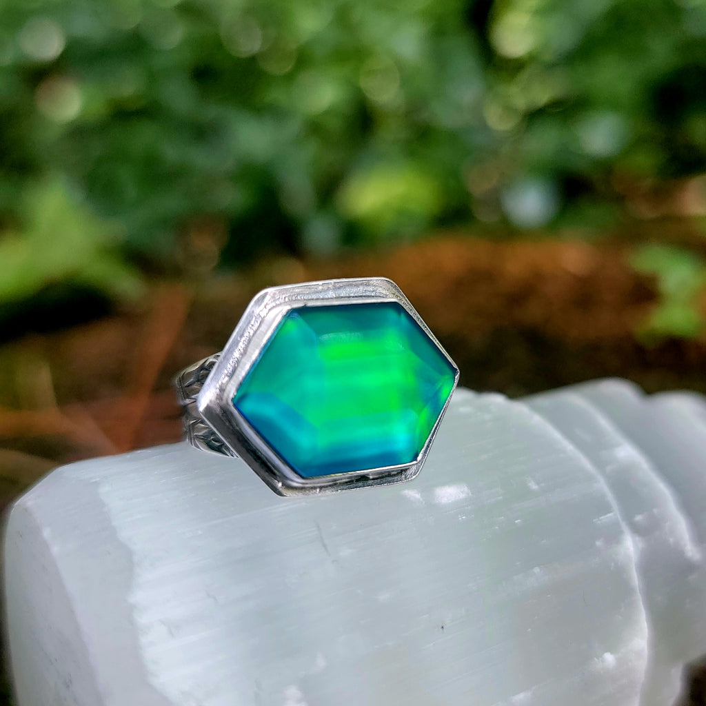 Turquoise Blue/Green Faceted Opal Hex Ring in Sterling Silver Size 7.25