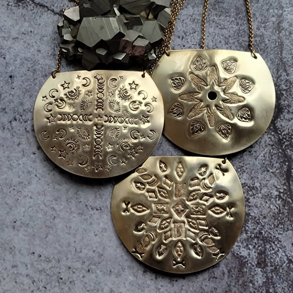 Mandala Stamped Brass Disc Necklace