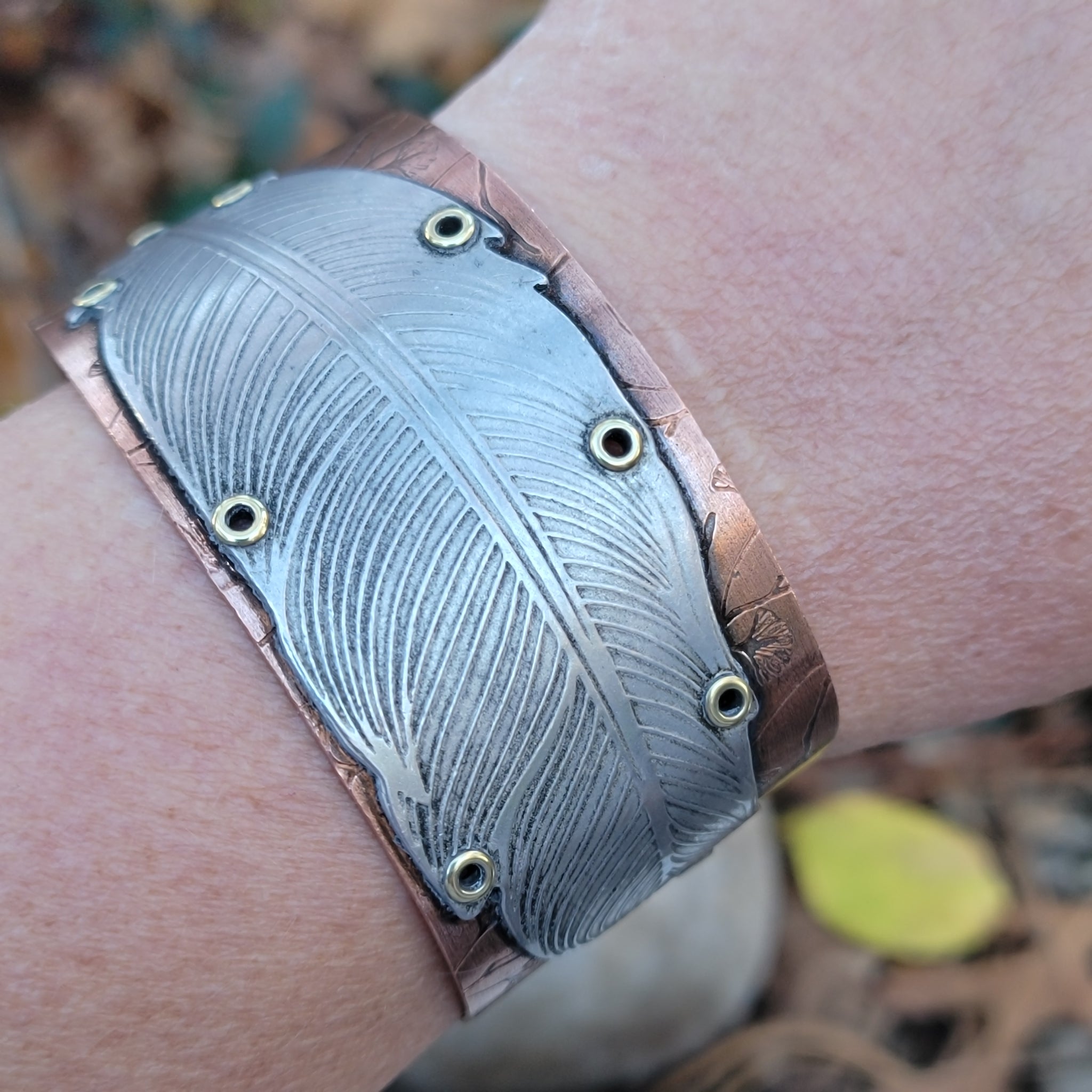 Riveted Feather Cuffs in Copper & Aluminum
