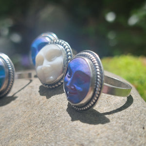 Czech Glass Moon Face Rings in Sterling Silver Silver