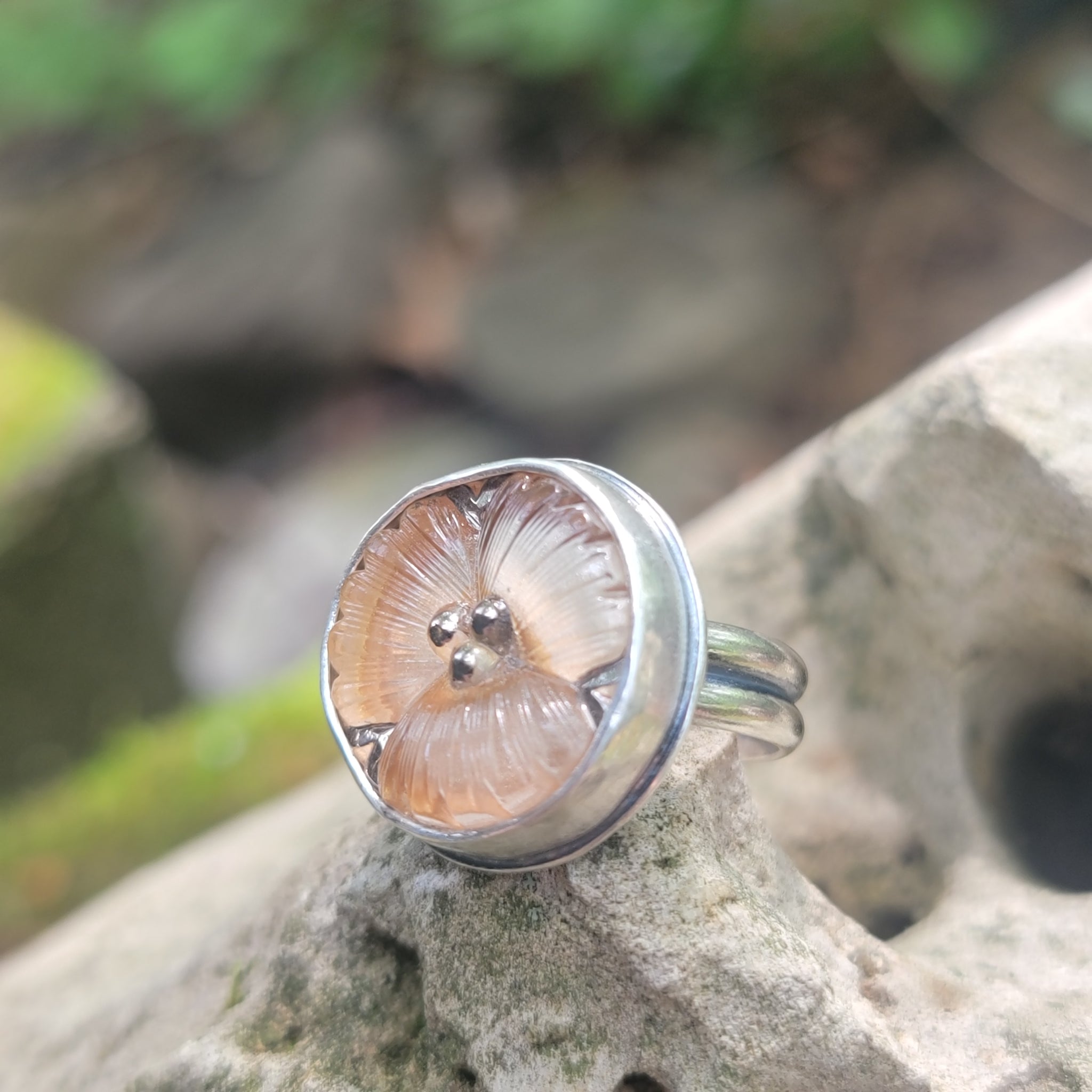 Peach Blossom Czech Glass Ring in Sterling Silver