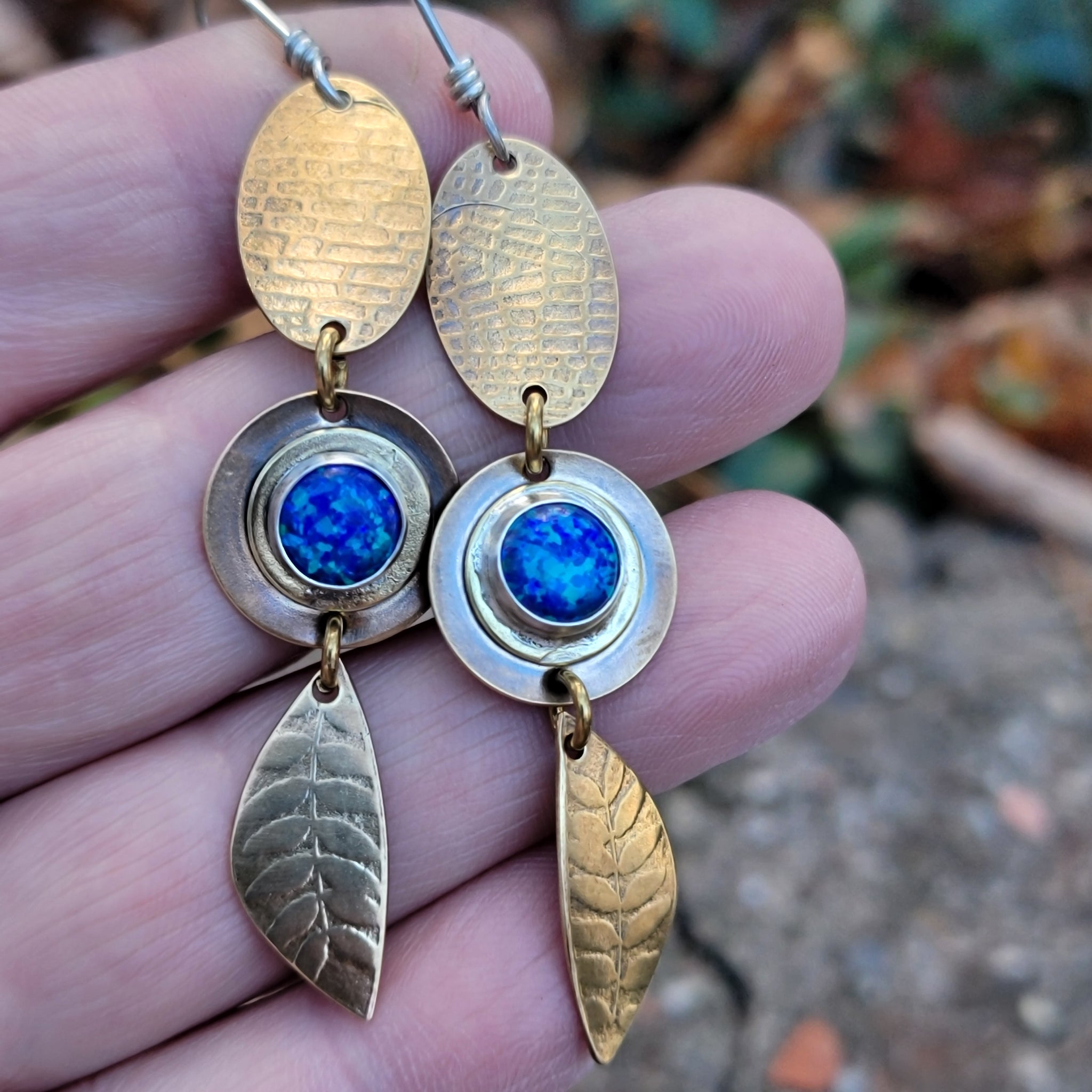 Brass & Opal Gemstone Dangle Earrings