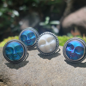 Czech Glass Moon Face Rings in Sterling Silver Silver