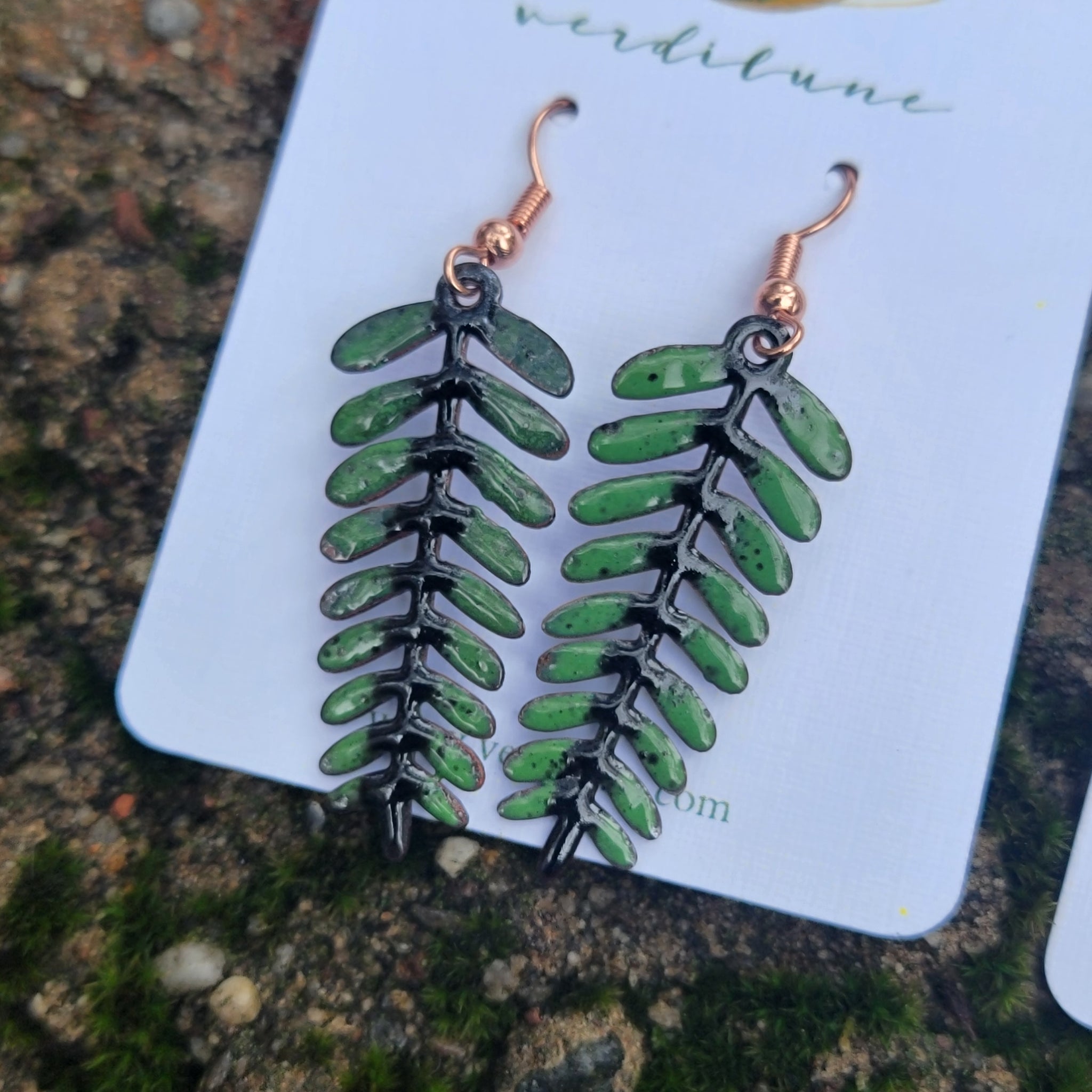 Enameled Fall Copper Fern Earrings
