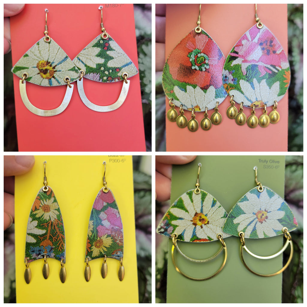 Emroidered Flowers Collection - Repurposed Vintage Tin Earrings