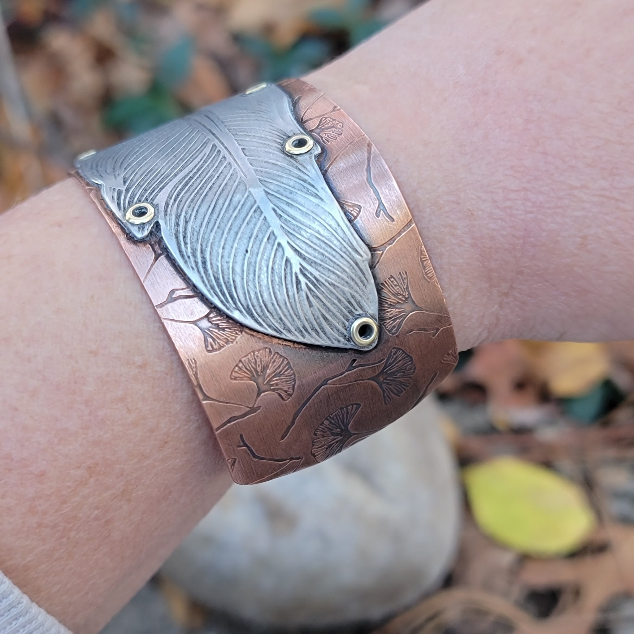 Riveted Feather Cuffs in Copper & Aluminum