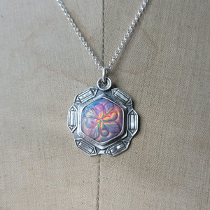 Carved Opal Pendant with Crystal Points Border in Sterling Silver