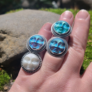 Czech Glass Moon Face Rings in Sterling Silver Silver