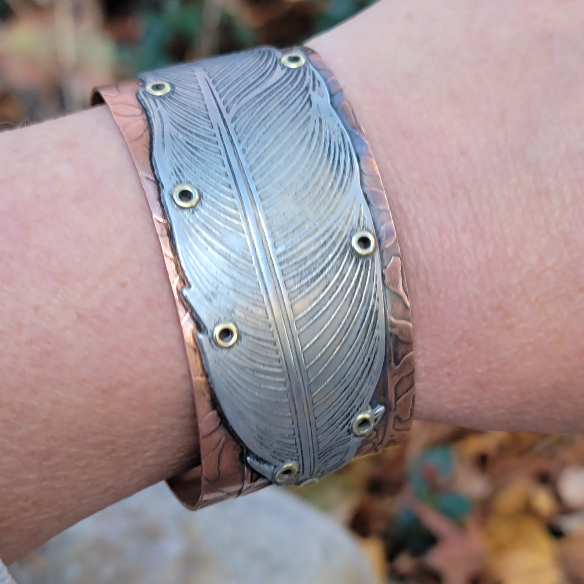 Riveted Feather Cuffs in Copper & Aluminum