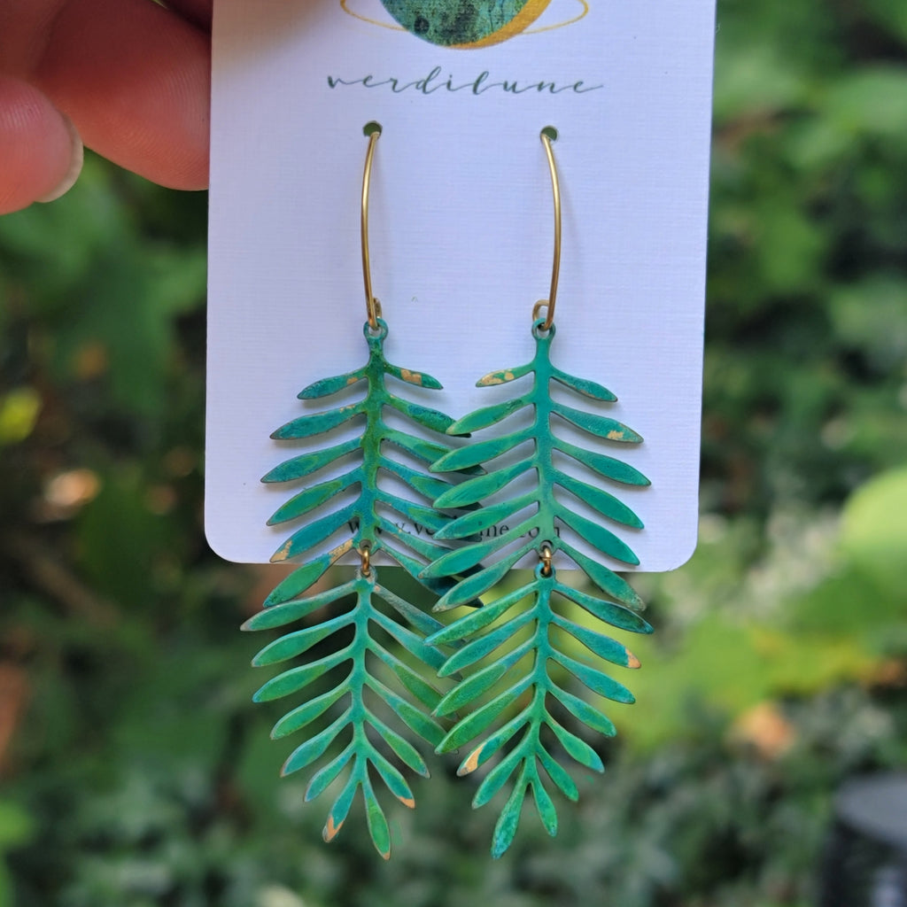 Sultry Summer Fern Dangle Earrings with Verdigris Patina