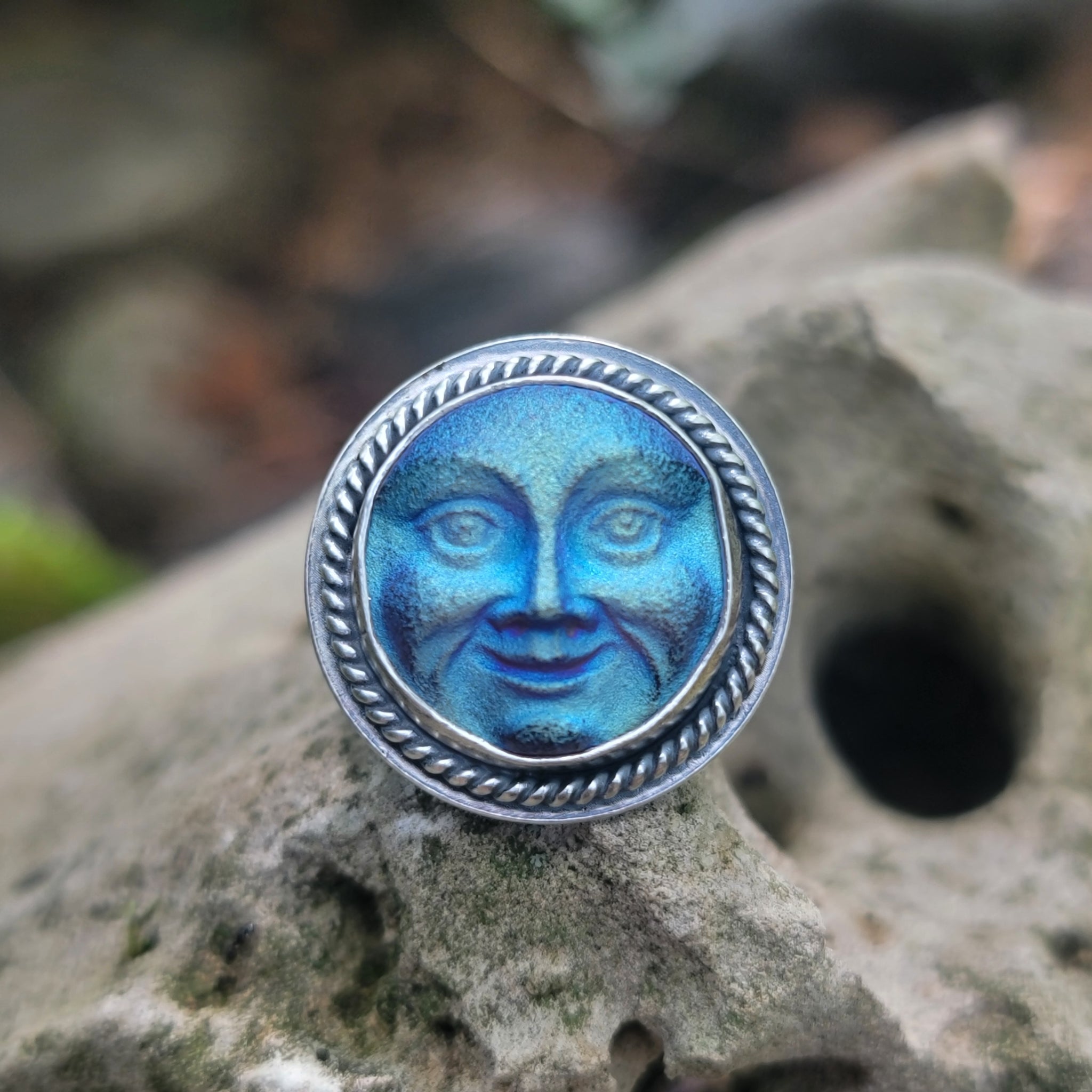 Czech Glass Moon Face Rings in Sterling Silver Silver