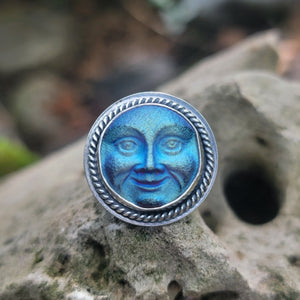 Czech Glass Moon Face Rings in Sterling Silver Silver