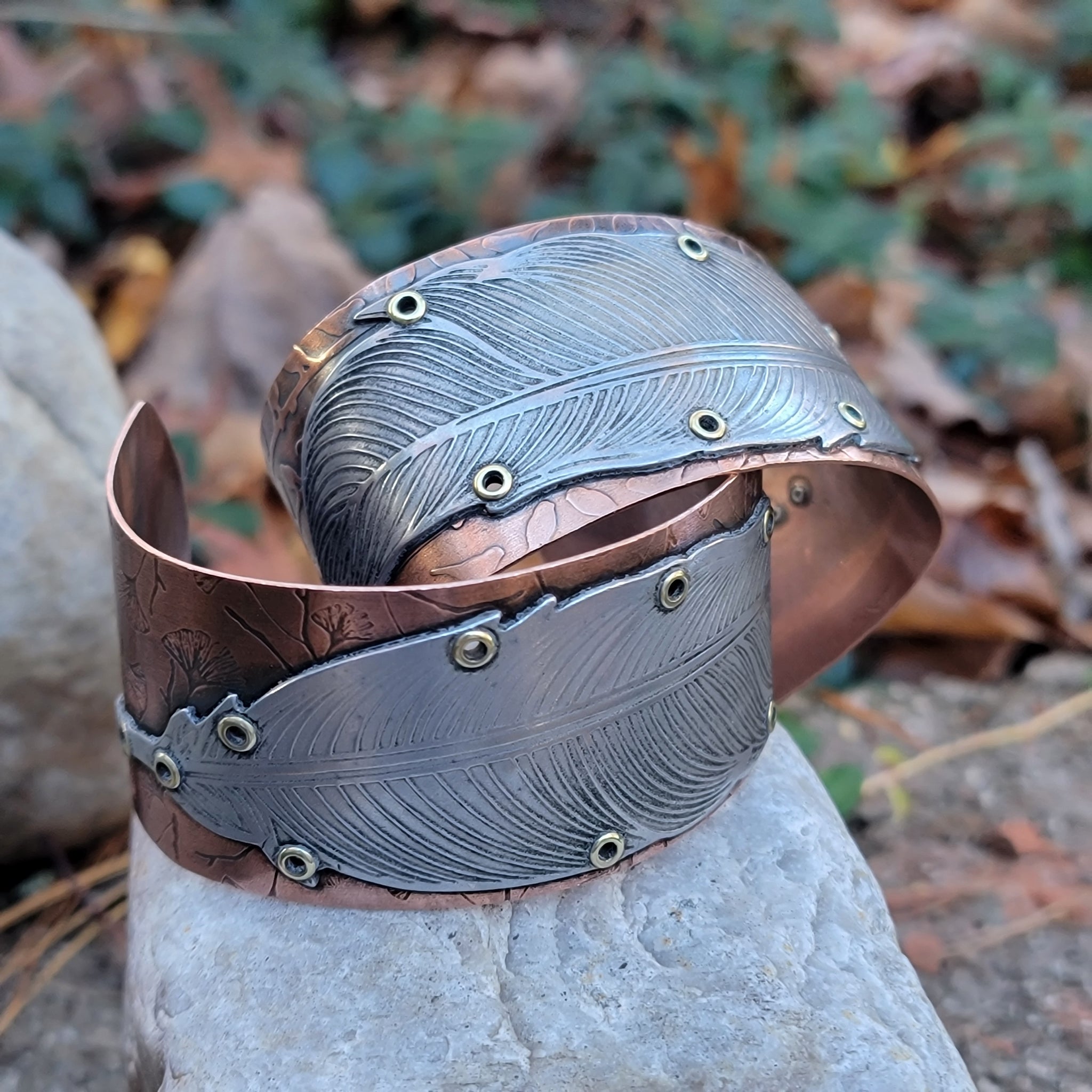 Riveted Feather Cuffs in Copper & Aluminum