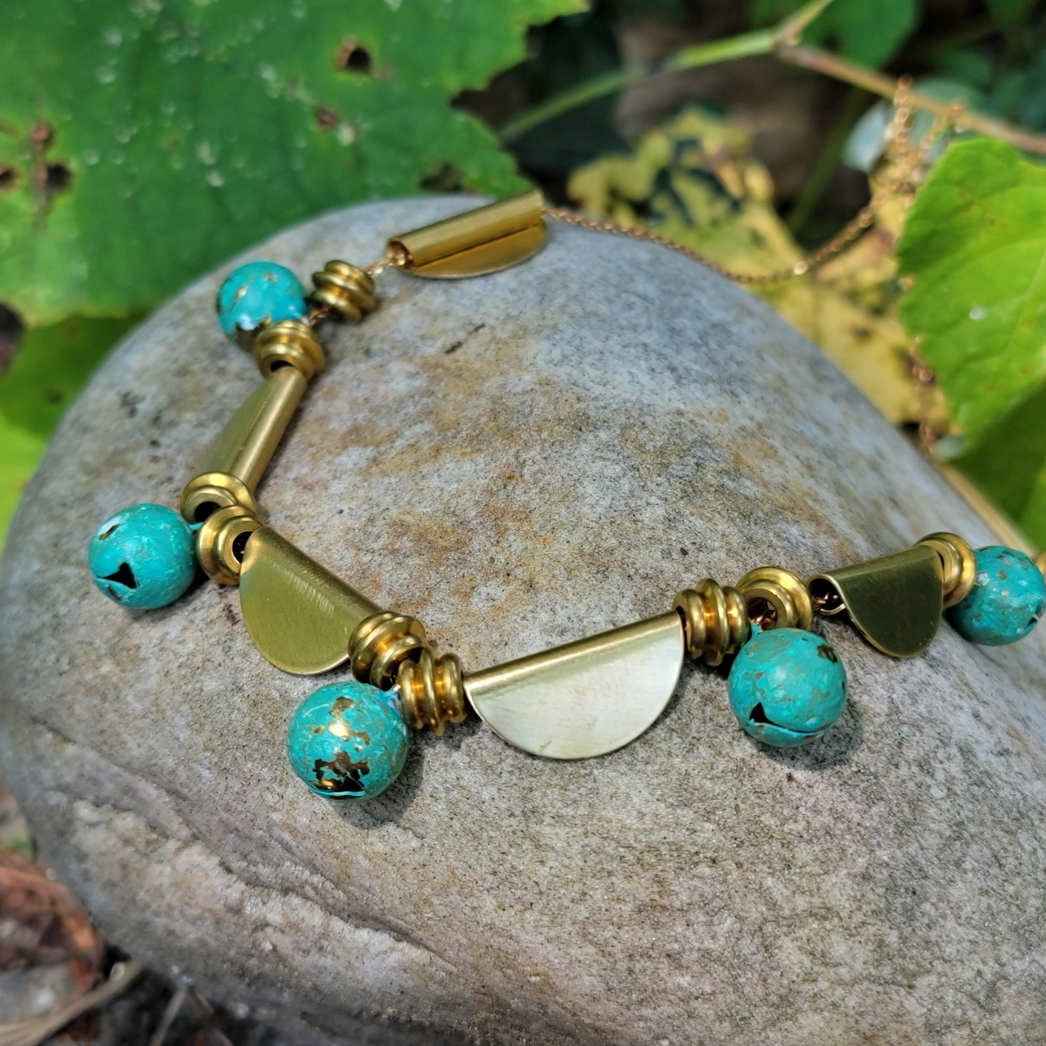 Brass Shield & Verdigris Bell Necklace