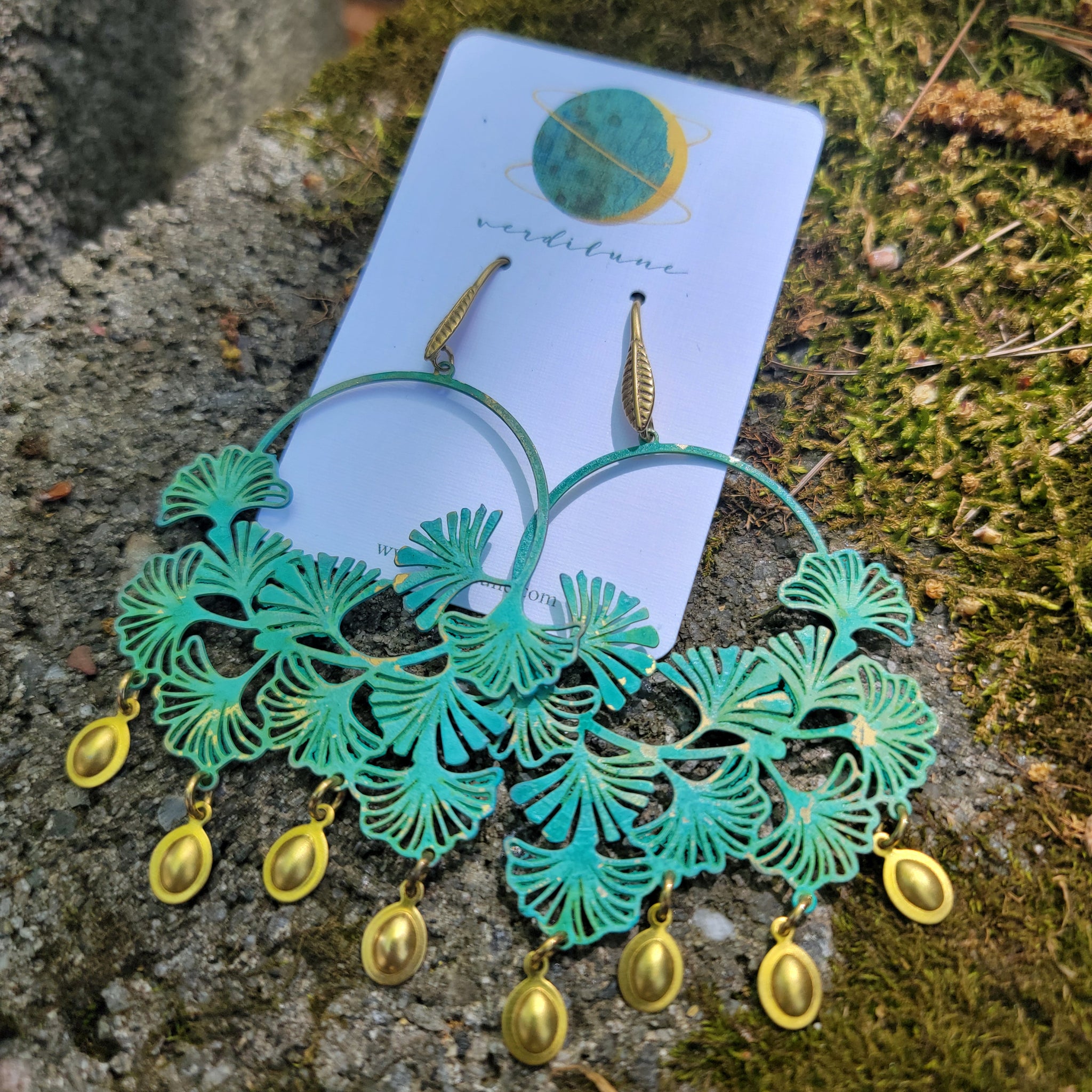 Sultry Summer Statement Verdigris Patina Ginkgo Earrings