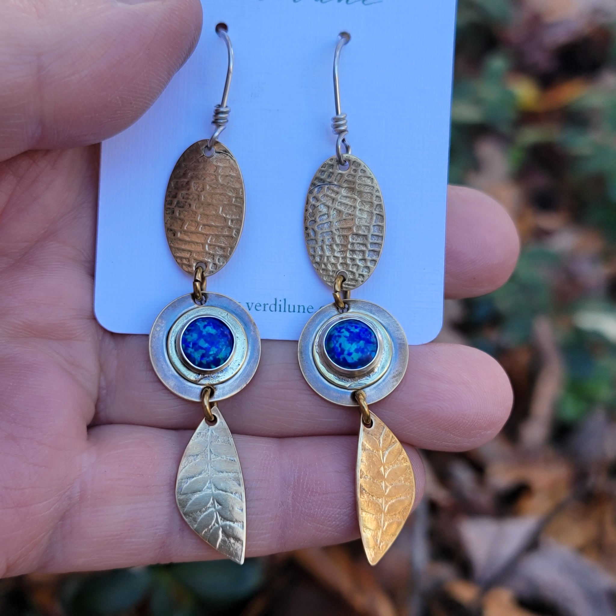 Brass & Opal Gemstone Dangle Earrings