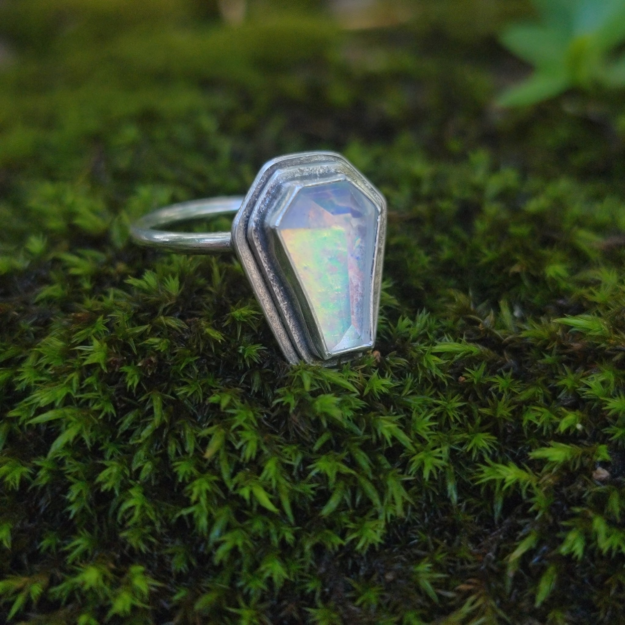 Opal Coffin Rings in Sterling Silver Sizes 7 & 8