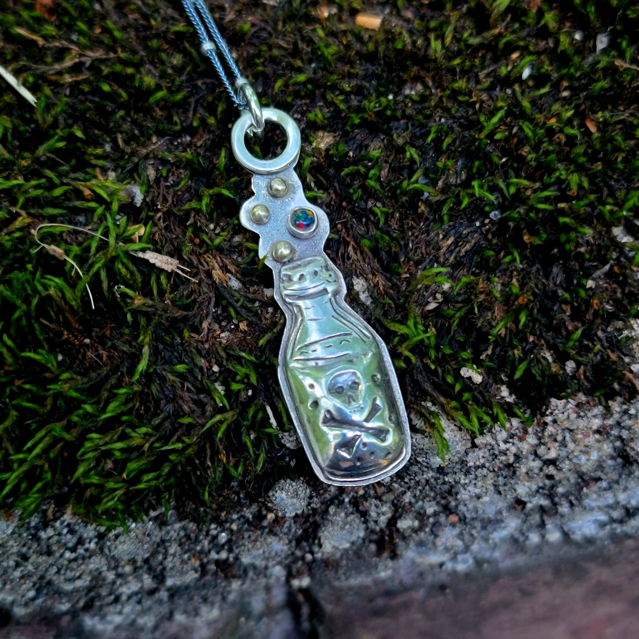 Poison Potion Bottle Pendant in Sterling Silver with Black Opal