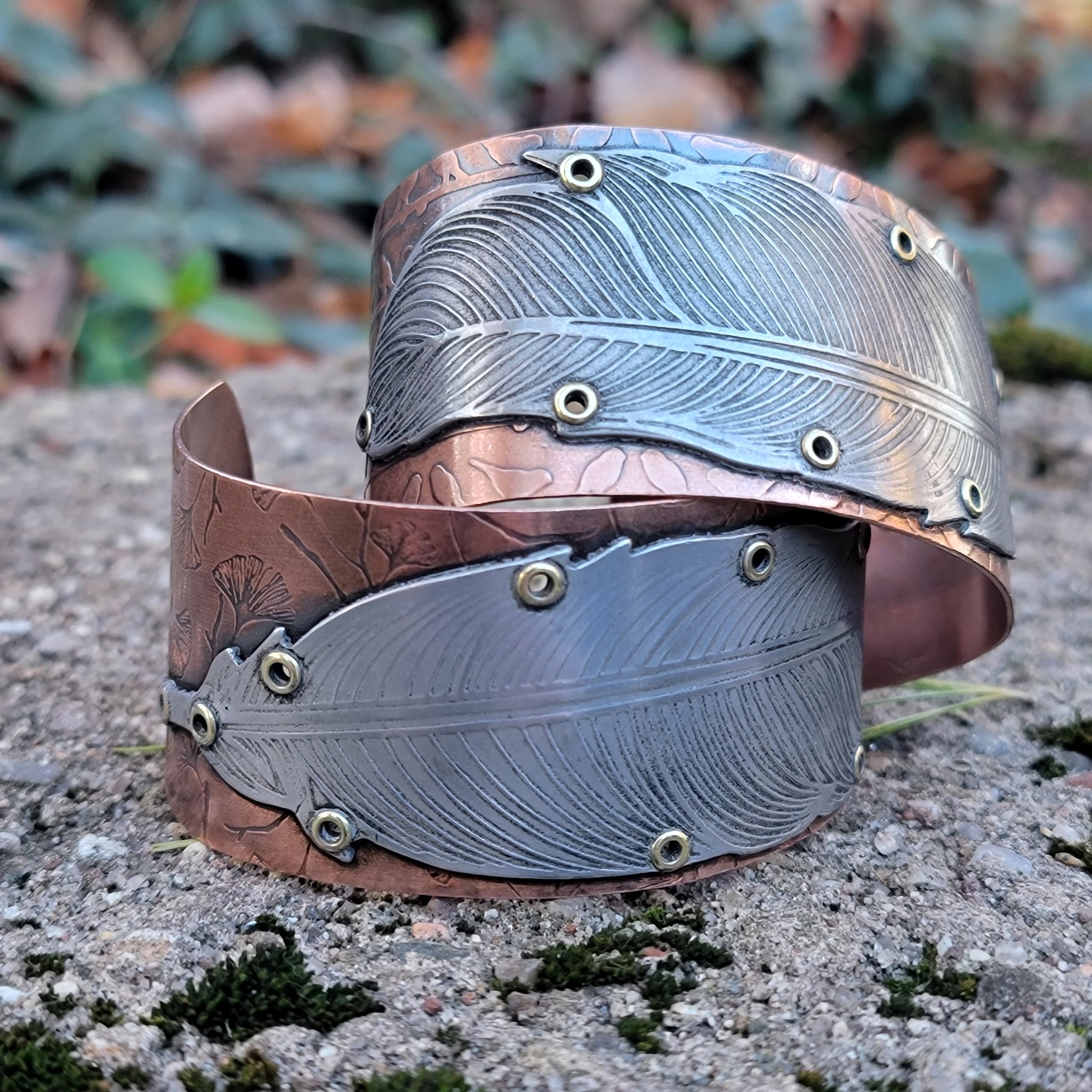 Riveted Feather Cuffs in Copper & Aluminum