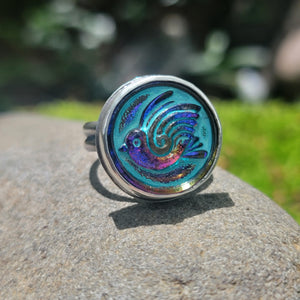 Czech Glass Iridescent Turquoise Retro Bird Ring in Sterling Silver