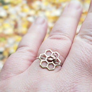 Brass Honeycomb Ring with Bee